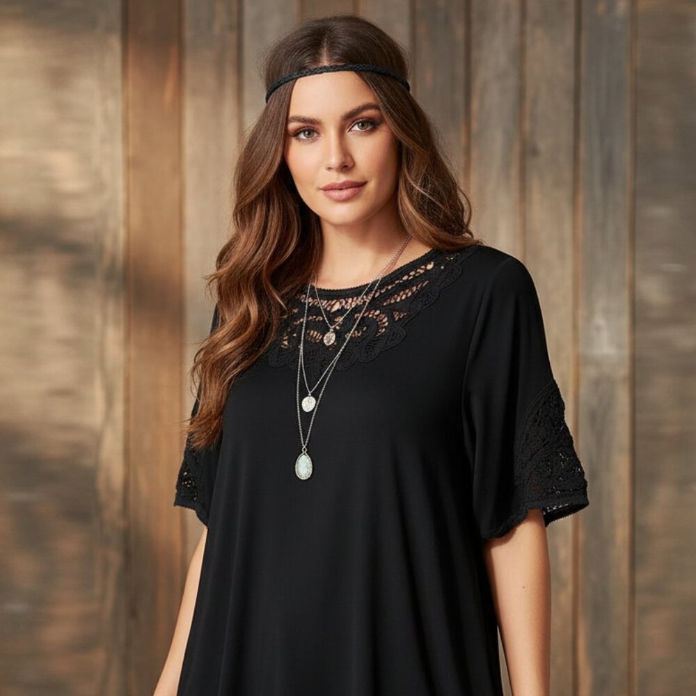 Motto L Womens Black Lace Crochet Knit Top SS Boho‎ Cottage Hippie Casual Chic